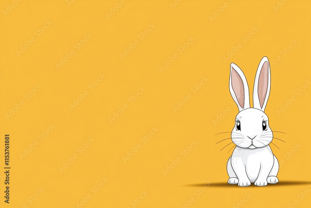 Obraz premium A cheerful white rabbit is depicted sitting in front of a vibrant, bright yellow background, which beautifully symbolizes the joy and renewal that comes with the Easter celebration season