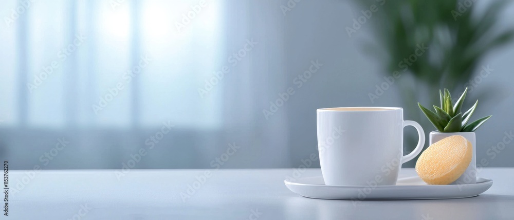A white coffee cup with a yellow cookie on a white plate sits on a table A white coffee cup with a yellow cookie on a white plate sits on a table