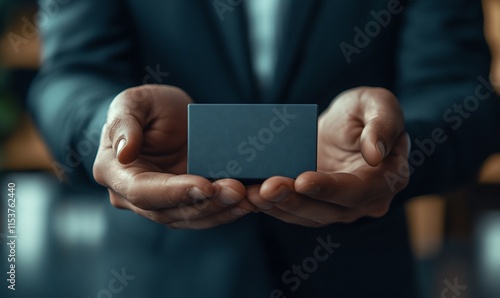 A person in a suit holds a blank business card in both hands.