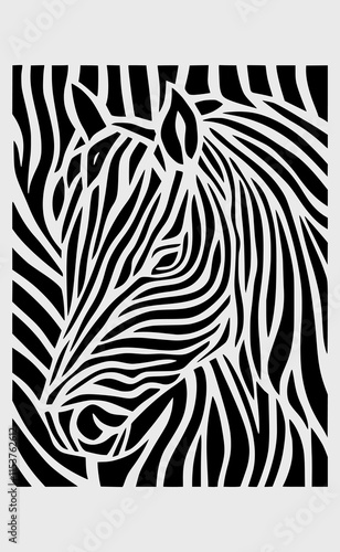 A stylized black-and-white line art of a zebra's face with flowing stripes