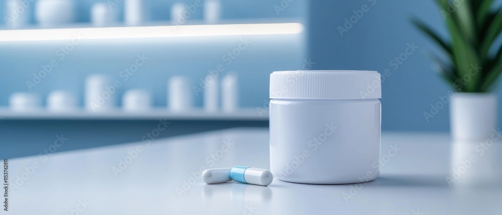 A white pill bottle sits on a table next to a pill A white pill bottle sits on a table next to a pill