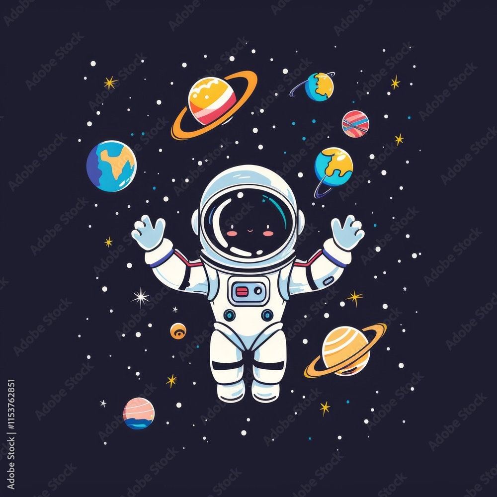 Naklejka premium Smiling Cartoon Robot Astronaut Floating in Space with Planets and Stars
