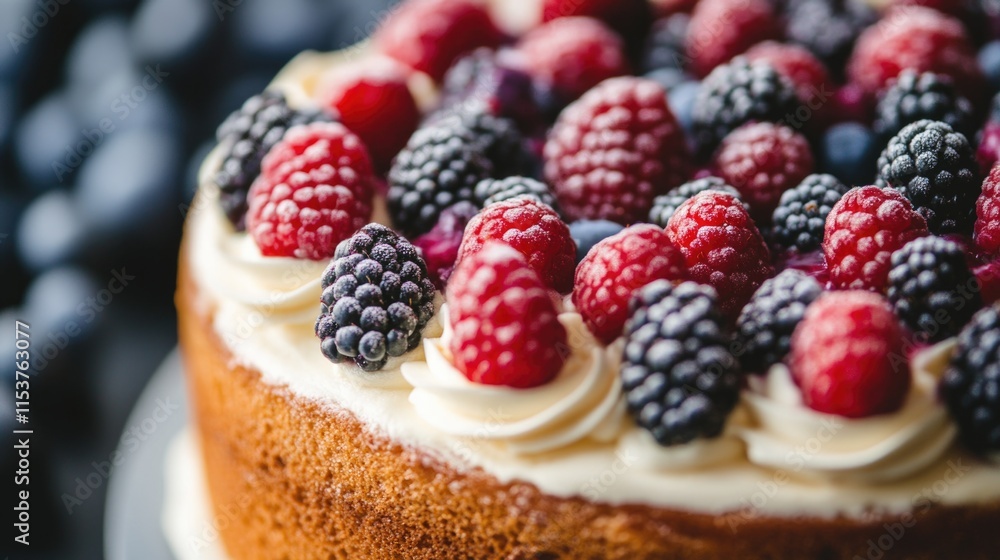 Delicious berry topped cake with creamy frosting Delicious berry topped cake with creamy frosting