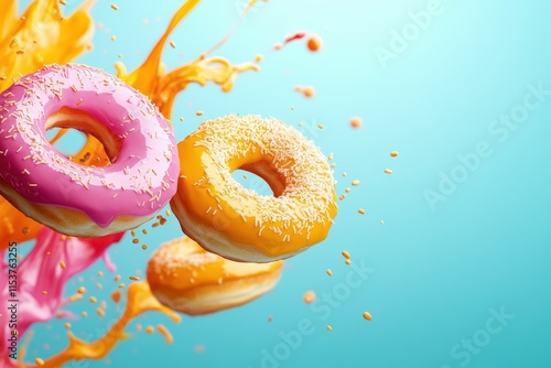 Colorful abstract background featuring flying donuts with ink splashes in vibrant hues