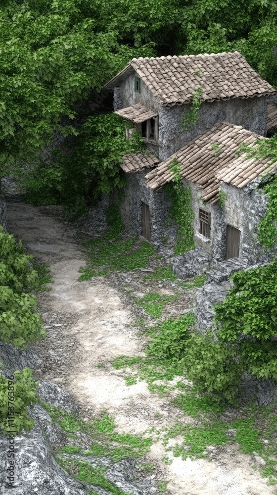 A serene, overgrown village scene with stone houses and a winding path. A serene, overgrown village scene with stone houses and a winding path.