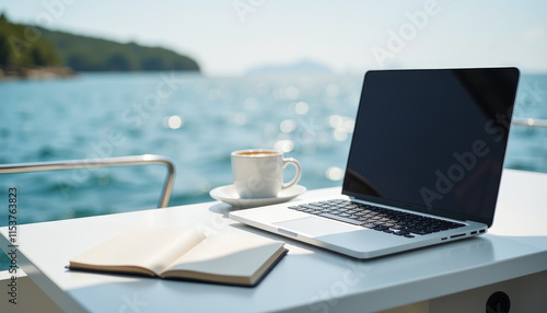 Embracing the freedom of travel work with a laptop by the serene sea