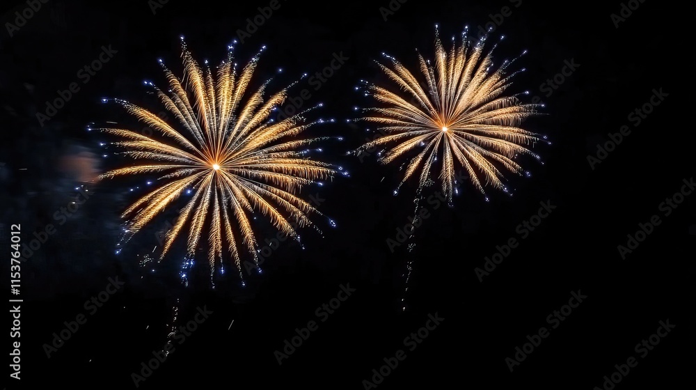 Spectacular fireworks in a dark sky, HD detail, clean black and blue tones, New Year's atmosphere, golden flowers, dazzling starry nights, various shapes, high-contrast film quality Spectacular fireworks in a dark sky, HD detail, clean black and blue tones, New Year's atmosphere, golden flowers, dazzling starry nights, various shapes, high-contrast film quality
