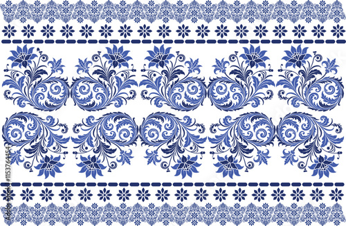 blue seamless floral pattern with bold tulip blooms, decorative leaf elements, and a refined border design for fabric background, textile prints, and timeless design motifs