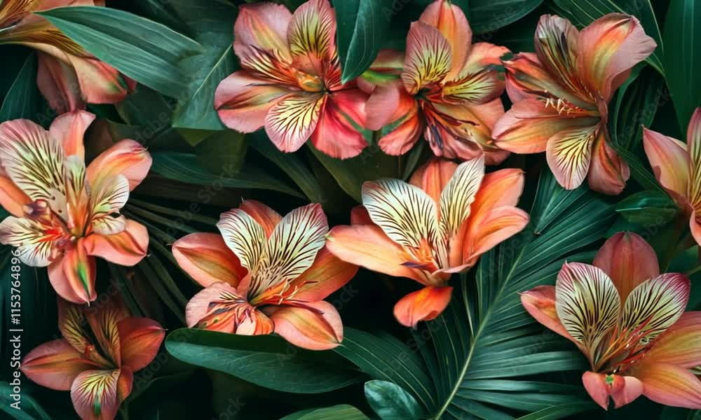 Vibrant Tropical Floral Pattern with Stunning Alstroemeria Flowers Surrounded by Lush Green Leaves, Perfect for Backgrounds and Nature-Themed Designs Vibrant Tropical Floral Pattern with Stunning Alstroemeria Flowers Surrounded by Lush Green Leaves, Perfect for Backgrounds and Nature-Themed Designs