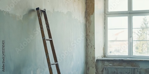 A captivating renovation scene featuring a ladder and a beautiful window, full of vibrant elements photo