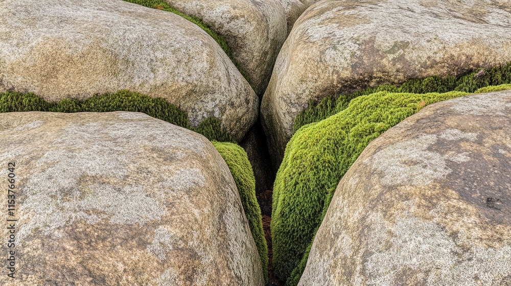 A close-up of moss-covered rocks with a narrow gap between them. A close-up of moss-covered rocks with a narrow gap between them.