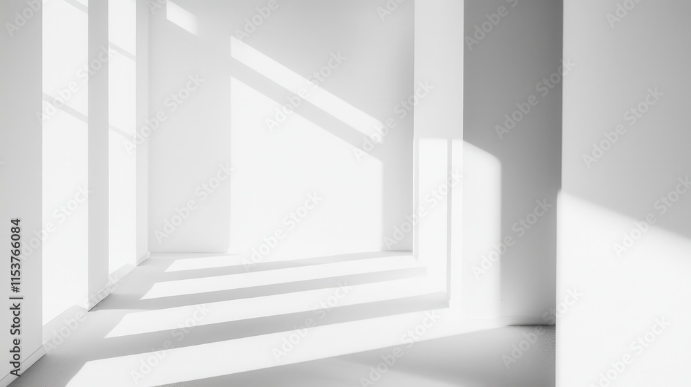 Minimalistic Interior Design with Geometric Light and Shadow Patterns in Bright White Space Minimalistic Interior Design with Geometric Light and Shadow Patterns in Bright White Space