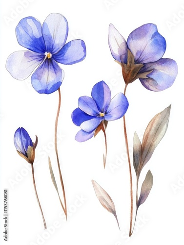 Spring Blossom Collection: Isolated Watercolor Wild Violets with Blue and Purple Hues on Crisp White Background