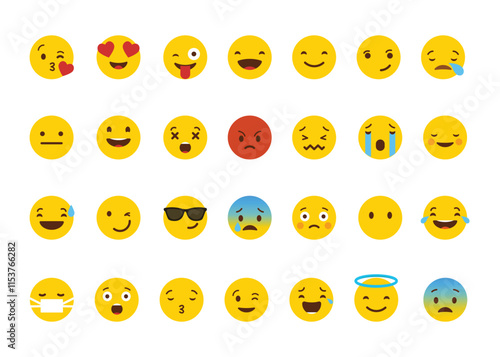WhatsApp emoji. Set of yellow emoji for Android. Emoticons. Funny emoticons faces with facial expressions. Detailed emoji icon from the WhatsApp, Facebook, twitter, instagram. Vector round emoji.