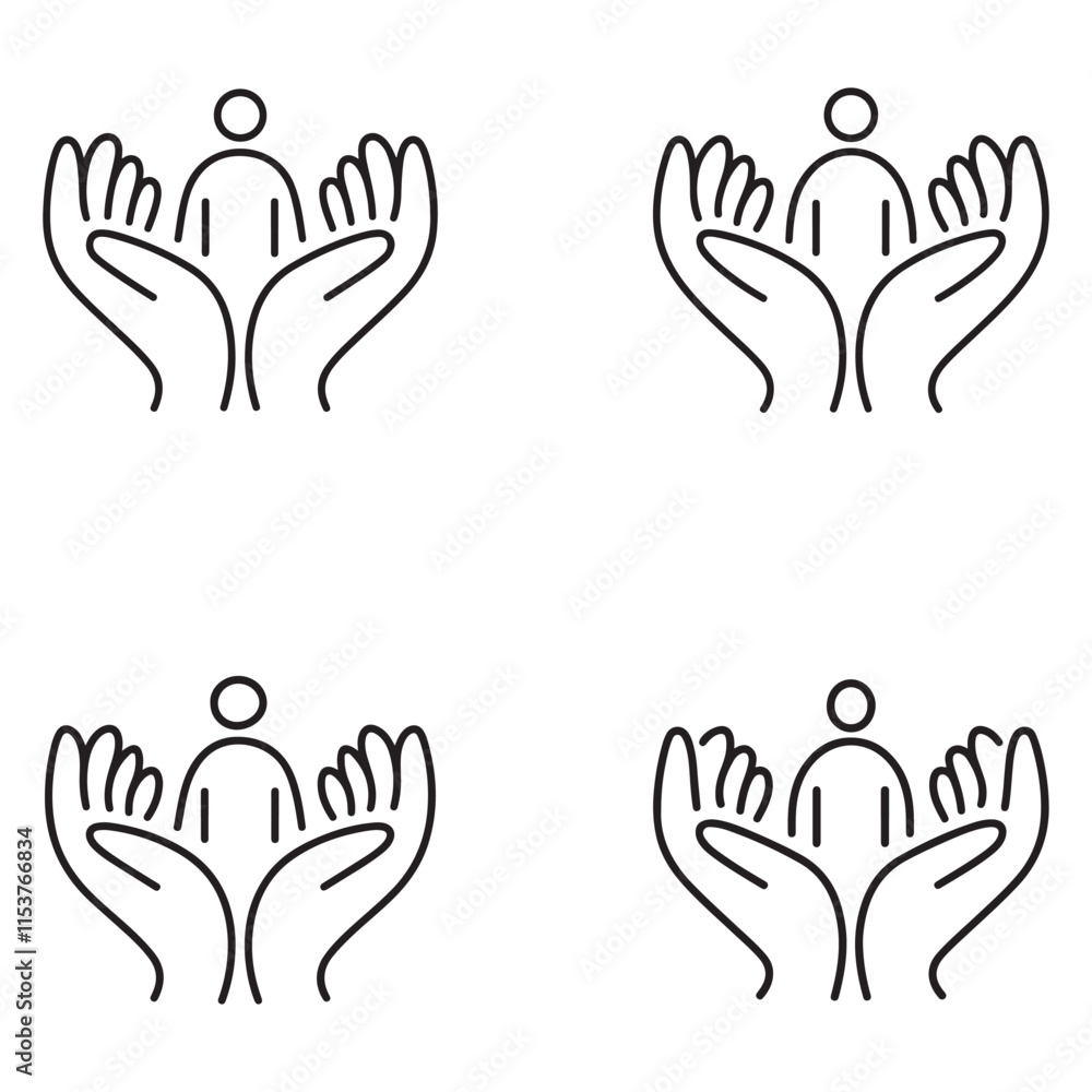 Fototapeta premium Minimalist line art icons of hands holding person, set of 4 vector symbols for insurance and protection, black outline human care and support graphics, simple charity and social welfare assets.