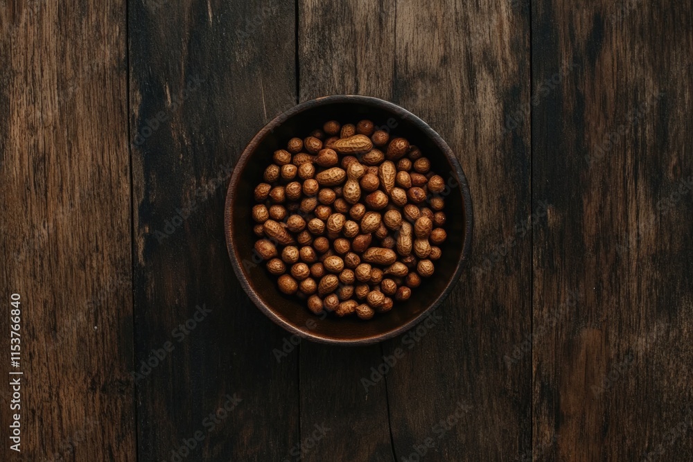 Rustic Bowl of Crispy Dry Roasted Peanuts with Spicy Rub on Dark Wood Surface from Above