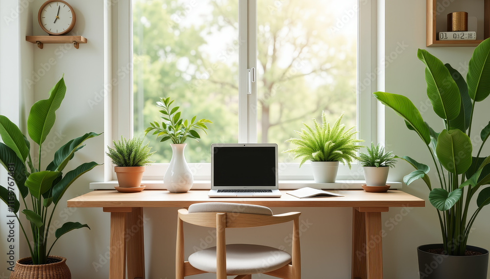 Fototapeta premium Enhance productivity with a serene home office space filled with greenery and natural light in a tranquil setting