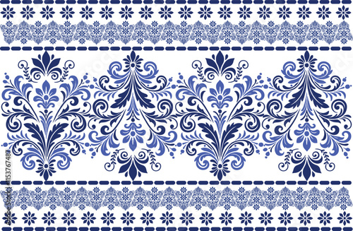 blue seamless floral design with bold tulip shapes, delicate leaf accents, and a classic border for fabric background, textile prints, and refined pattern designs