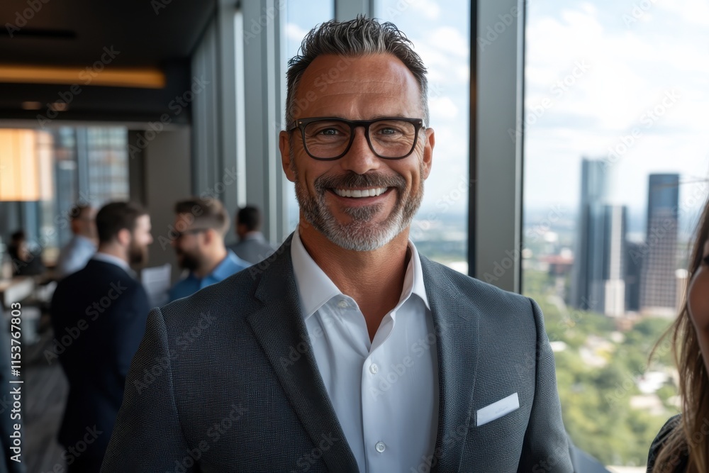 A confident businessman smiles in a bright modern office setting, showcasing professionalism and success with a stunning cityscape visible through the windows. A confident businessman smiles in a bright modern office setting, showcasing professionalism and success with a stunning cityscape visible through the windows.