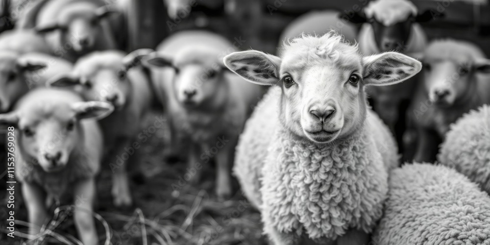 Obraz premium Sad sheep standing in middle of frame, looking at camera with white background, nature, farm, cute