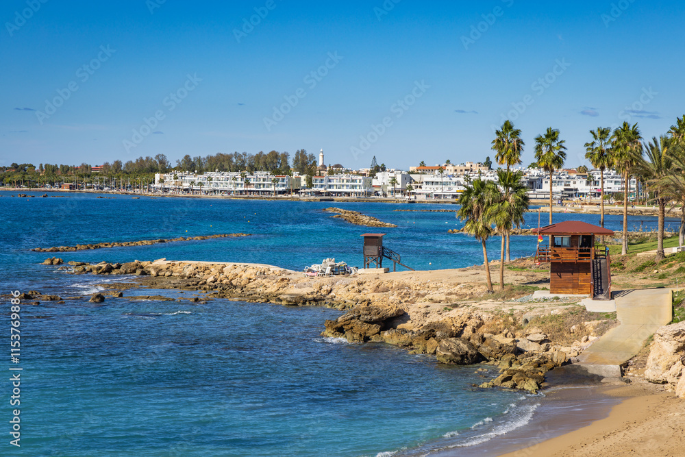 Obraz premium View towards Kato Paphos waterfront from SODAP Beach, Paphos, Cyprus