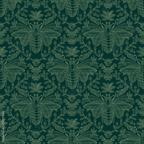 Bee and Floral Seamless Pattern: Elegant Vector Illustration for Fabrics, Wallpapers, and Packaging Design