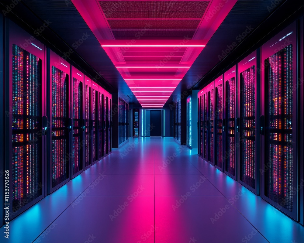 Fototapeta premium Futuristic Data Center Interior with Neon Lights and Server Racks