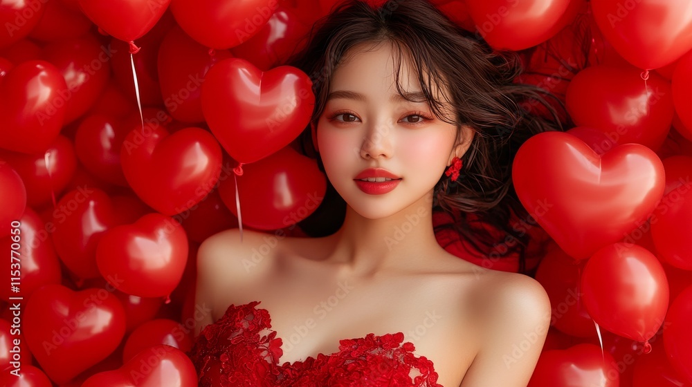 Woman in red lace dress lying on a bed of heart-shaped balloons for Valentine’s Day and romantic gift campaigns