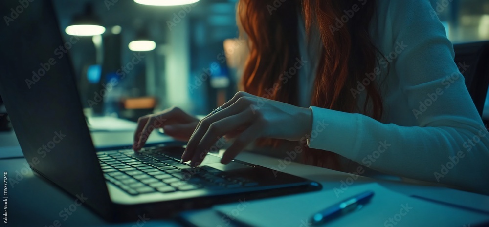 A person typing on a laptop in a dimly lit workspace. A person typing on a laptop in a dimly lit workspace.