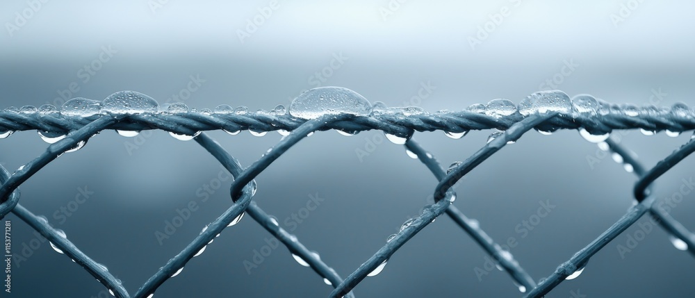 A chain link fence with water droplets on it A chain link fence with water droplets on it