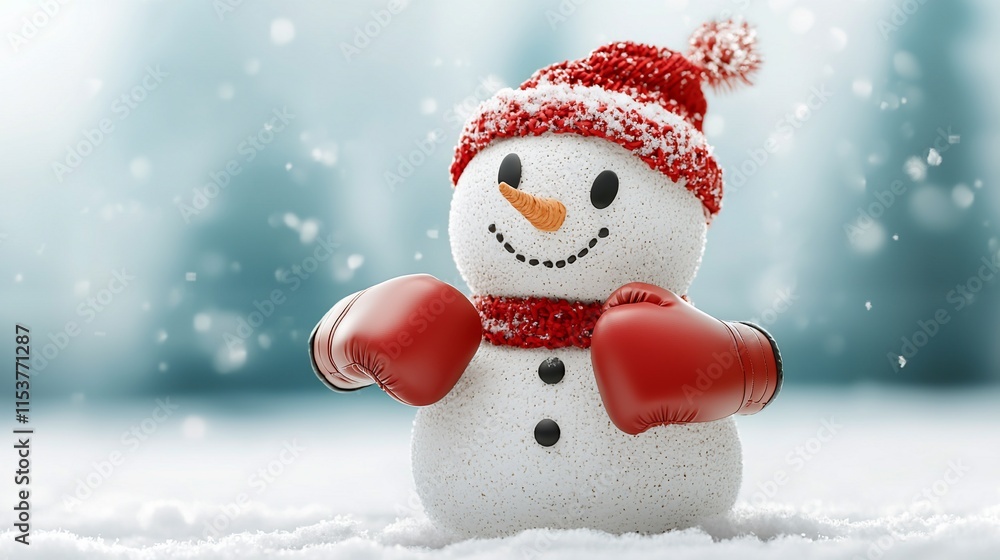 Fototapeta premium Cheerful snowman in red boxing gloves and hat.