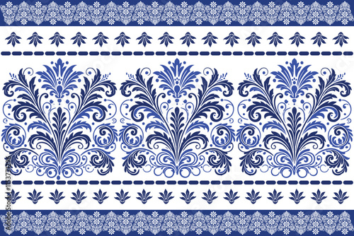 blue seamless floral design with stylized tulip flowers, detailed leaf motifs, and a classic border for textile background, fabric prints, and vintage pattern styles