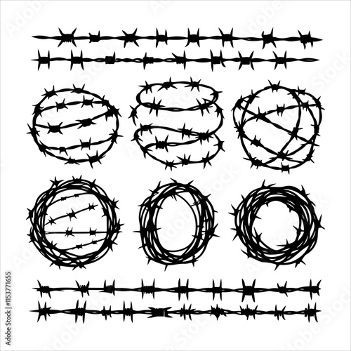 Barbed wire collection silhouette vector. Barbed wire metallic border elements, barb wire set, barb wire icon. Barbed wire fence on the border silhouette illustration