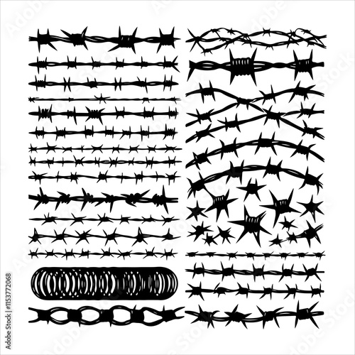 Barbed wire collection silhouette vector. Barbed wire metallic border elements, barb wire set, barb wire icon. Barbed wire fence on the border silhouette illustration