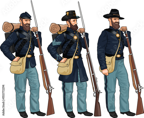 Set of Three Soldiers in Uniforms and with Rifles from American Civil War during the Bull Run Campaign in 1861, Illustration, EPS 10 Vector