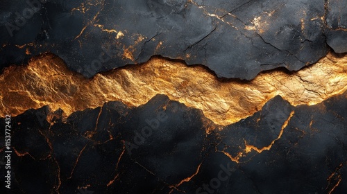 Abstract gold vein in black stone texture.