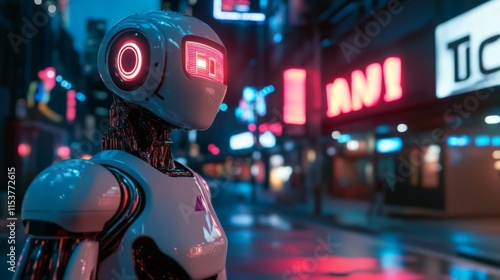 Wallpaper Mural Futuristic Robot in Minimalist Neon Cityscape Torontodigital.ca