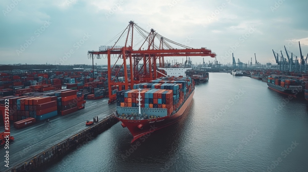 Fototapeta premium Cargo ship at busy port with stacked containers on overcast day