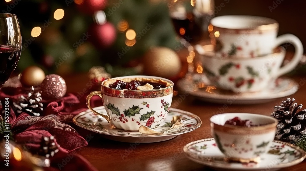 Fototapeta premium National Mulled Wine Day Festive christmas mince pies with holiday decor and ornaments for seasonal celebration