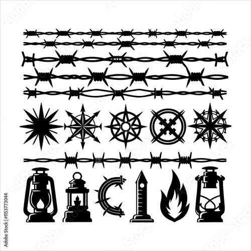 Barbed wire collection silhouette vector. Barbed wire metallic border elements, barb wire set, barb wire icon. Barbed wire fence on the border silhouette illustration