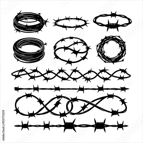 Barbed wire collection silhouette vector. Barbed wire metallic border elements, barb wire set, barb wire icon. Barbed wire fence on the border silhouette illustration