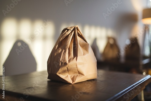 A crumpled brown paper lunch bag sits on a dark wooden surface. Soft, diffused light illuminates it. The bag appears used or discarded. Simple, rustic feel. photo