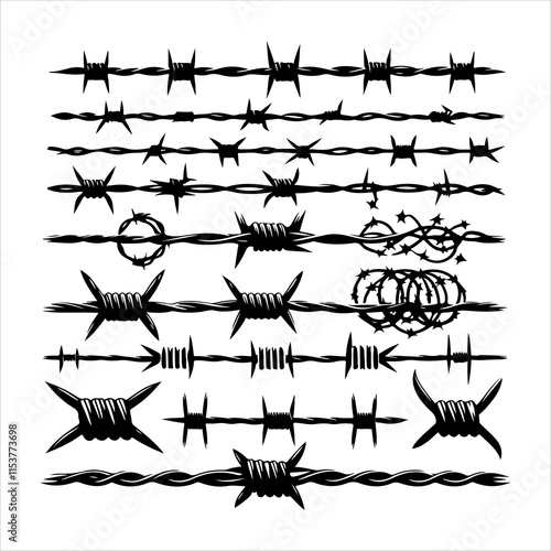 Barbed wire collection silhouette vector. Barbed wire metallic border elements, barb wire set, barb wire icon. Barbed wire fence on the border silhouette illustration