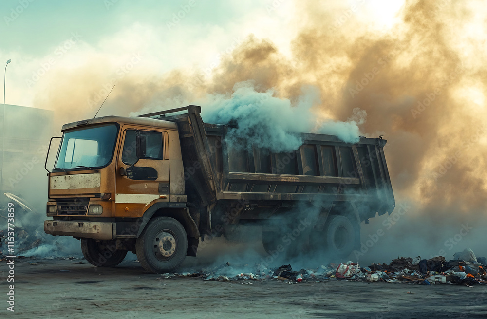 Garbage Truck Transporting Hazardous Waste Emitting Smoke at Dump Site Garbage Truck Transporting Hazardous Waste Emitting Smoke at Dump Site