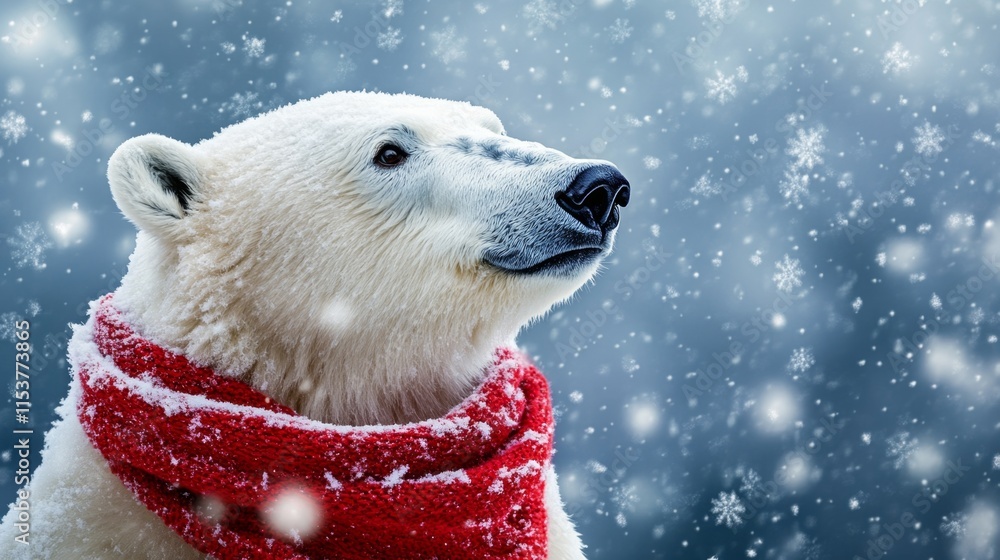 Polar bear in a red scarf enjoys a snowy winter landscape filled with falling snowflakes Polar bear in a red scarf enjoys a snowy winter landscape filled with falling snowflakes