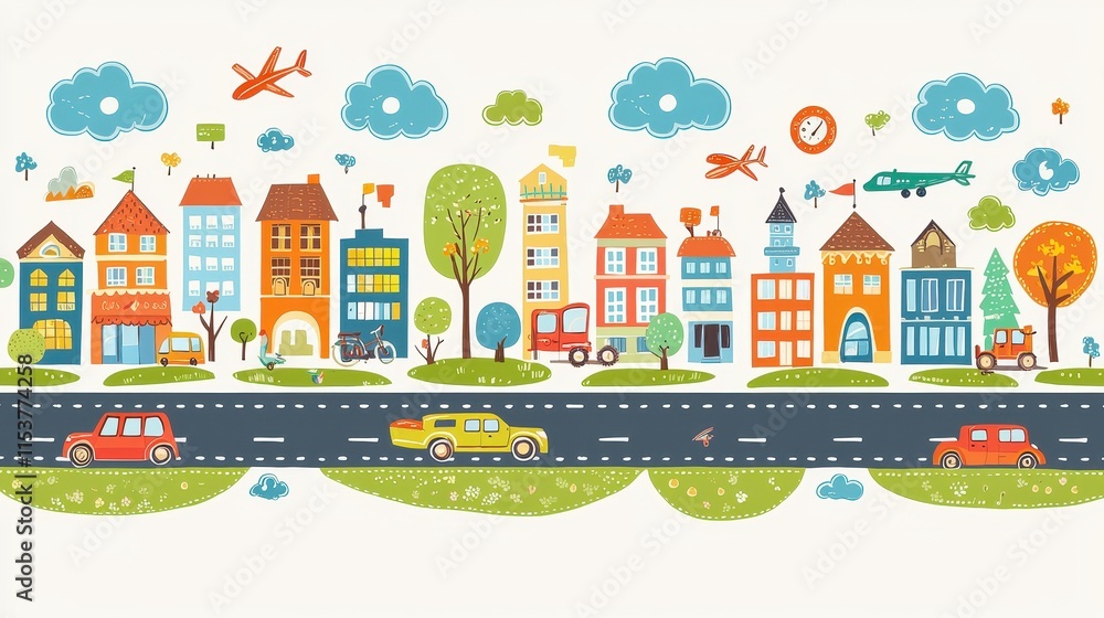 A cheerful transportation-themed illustration featuring smiling trains, airplanes, and bicycles, surrounded by fluffy clouds, colorful road signs, and vibrant trees in soft pastel shades on A cheerful transportation-themed illustration featuring smiling trains, airplanes, and bicycles, surrounded by fluffy clouds, colorful road signs, and vibrant trees in soft pastel shades on