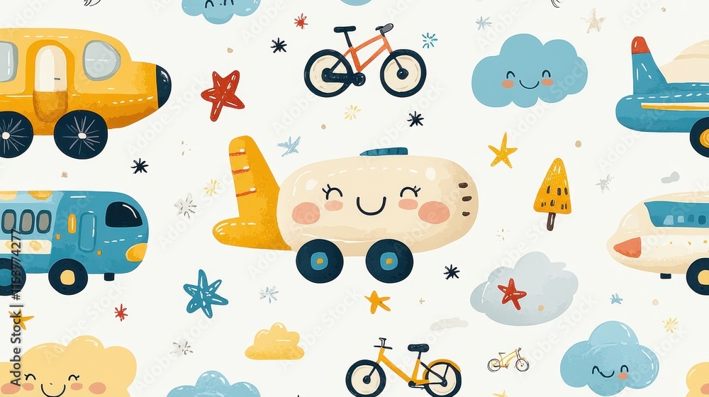 Obraz premium A cheerful transportation-themed illustration featuring smiling trains, airplanes, and bicycles, surrounded by fluffy clouds, colorful road signs, and vibrant trees in soft pastel shades on 