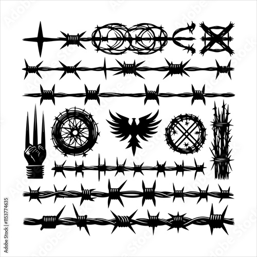 Barbed wire collection silhouette vector. Barbed wire metallic border elements, barb wire set, barb wire icon. Barbed wire fence on the border silhouette illustration