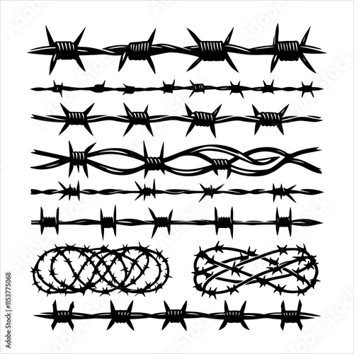 Barbed wire collection silhouette vector. Barbed wire metallic border elements, barb wire set, barb wire icon. Barbed wire fence on the border silhouette illustration
