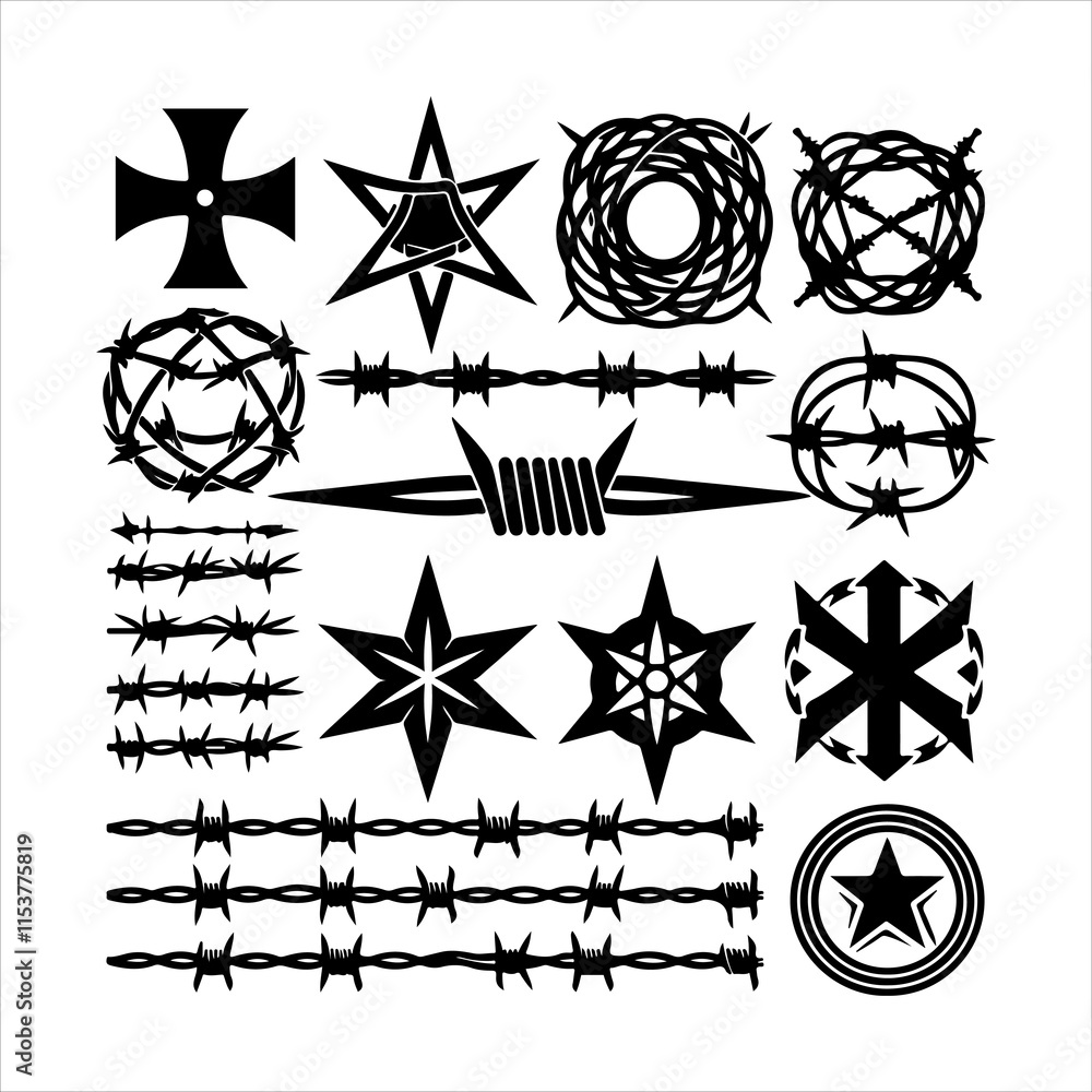 Fototapeta premium Barbed wire collection silhouette vector. Barbed wire metallic border elements, barb wire set, barb wire icon. Barbed wire fence on the border silhouette illustration